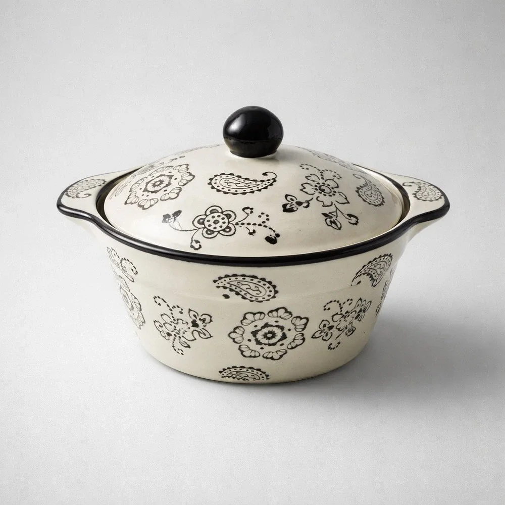 Temp-tations by Tara Paisley Ceramic Casserole Set 2.5QT 1QT Cream Black 5pc